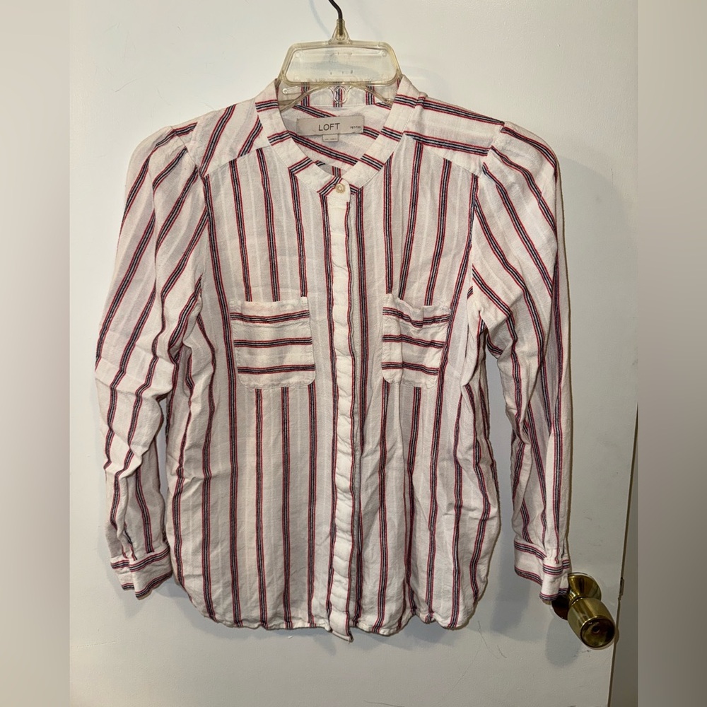Women’s LOFT Striped Red White and Blue Button Down Shirt - Size Small Petite